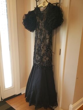 Vintage Rose Taft Couture Black Beaded Dress crinoline bodice puff sleeves